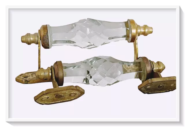 Pair Vntg Look Brass  Victorian Clear Cut Glass  Pull Push Door Drawer Handle 4"