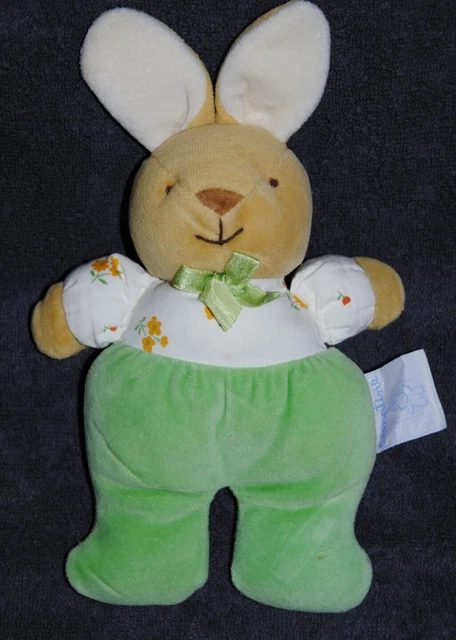Peluche Doudou Lapin Vert Blanc Fleurs Orange COMPTINE Hochet Grelot  24 Cm TTBE