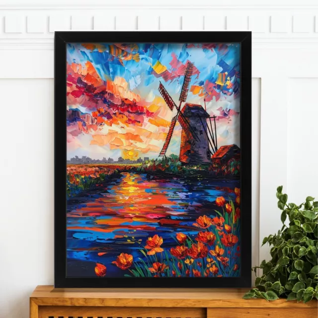 Vibrant Dutch Windmill Sunset Landscape Art Print Colourful Countryside Wall Art