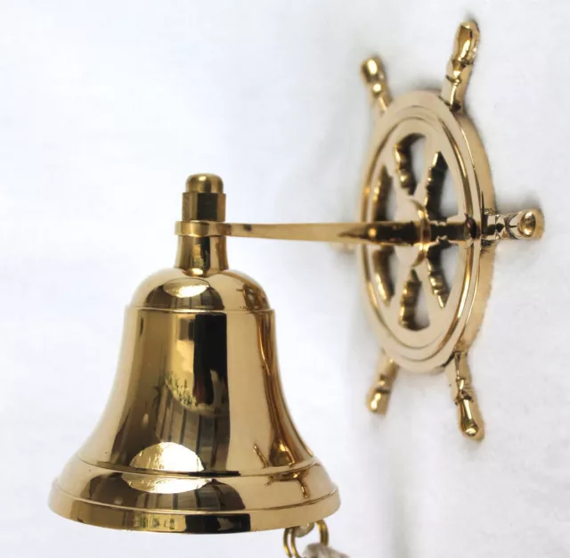 Messing Wand-Glocke mit Steuerrad - Wandhalterung Ø 7,5cm ca. 400g Schiffsglocke