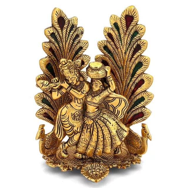 Paon Design Métal Radha Krishna Idol Modèle Avec Diya Pour Prière Doré 20.3cm