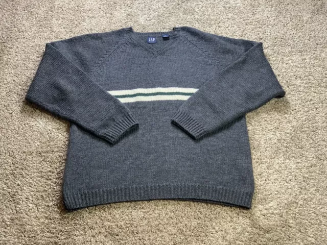 GAP Sweater XXL 2XL Gray Mens Striped Casual Wool V Neck Outdoors Long Sleeve