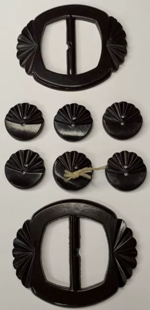 VTG Art Deco Dark Brown Carved Bakelite 2 Belt Buckles & 6 Button Lot