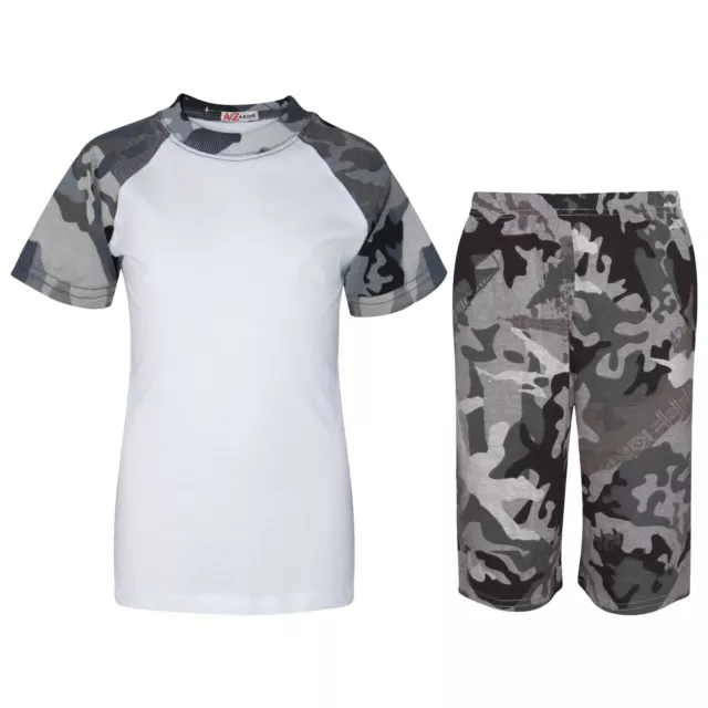 Kids Girls Boys Camo Charcoal Raglan Style Pyjamas Contrast T-Shirt Shorts Set