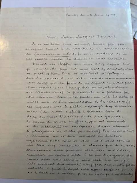 André Breton - Lettre A J’élance Jacques Pauvert