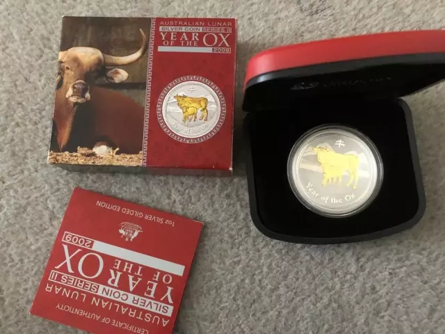 2009 Australia Lunar Year of OX 1oz Silver Gilded Coin Perth Mint box COA