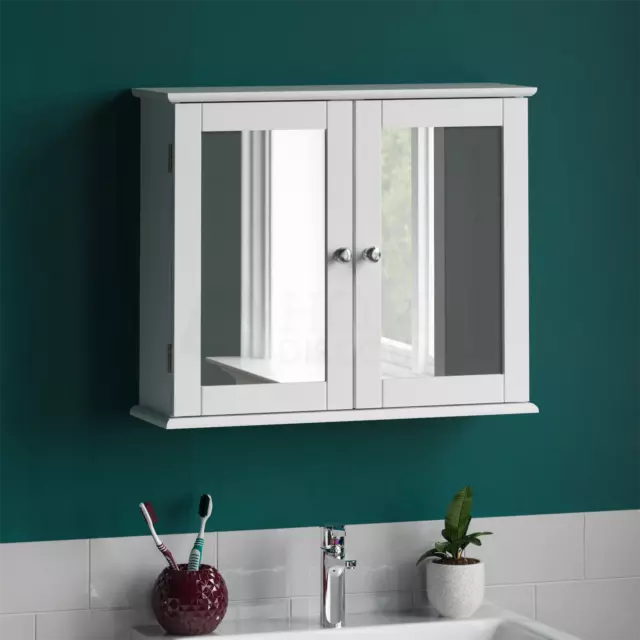 Priano Bathroom Mirror Wall Cabinet Double Doors Mirrored Cupboard Wooden White