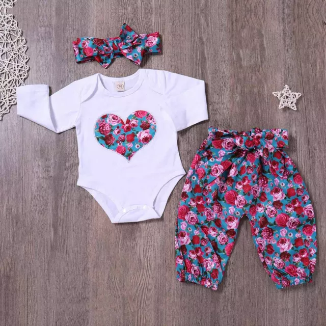 Baby Girls Infant Outfits Set Clothes Floral Romper Jumpsuit+Long Pants+Headband