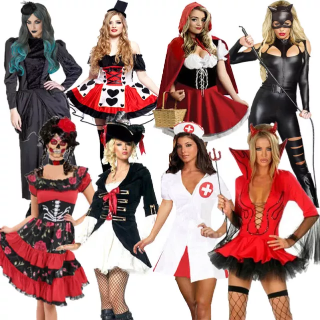 Ladies Halloween Costume Nurse Skeleton Witch Vampire Devil Pirate Fancy Dress