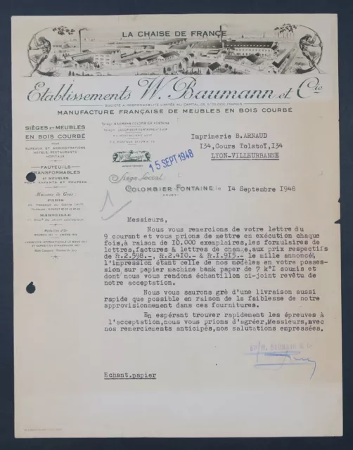 Facture   ETb BAUMANN MEUBLES   COLOMBIER FONTAINE  1948  old bill Rechnung 13