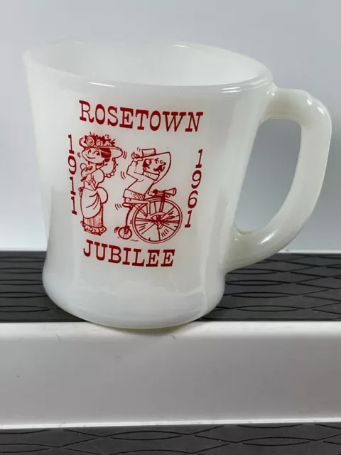 Rare Vtg Fire King Milk Glass mug Rosetown Jubilee 11-61 made in USA