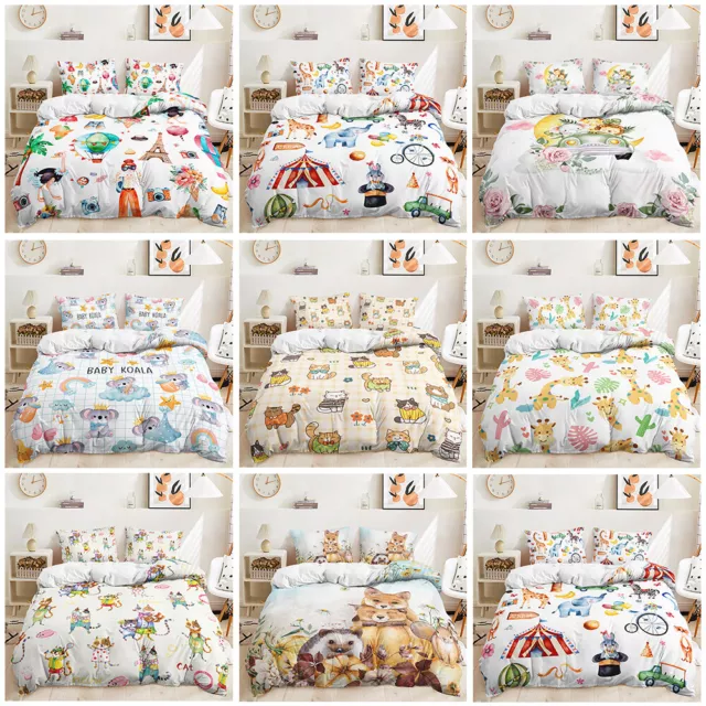 Baby Animals Cartoon Koala Giraffe Cat Children's Room Duvet Quilt Cover Bed Set