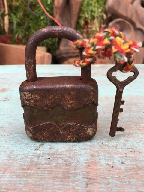 Old Collectible Original Painted Hand Forged & Carved Iron Made Padlock And Key