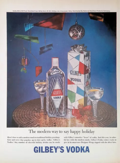 Print Ad 1950's Gilbey's Vodka Christmas Decorations Happy Holiday Silver Bow