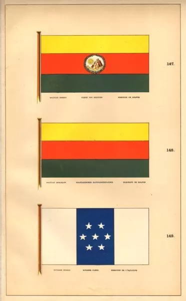 SÜDAMERIKANISCHE MARITIME FLAGGEN. Bolivien Ecuador Fähnrich Händler. HOUNSELL 1873