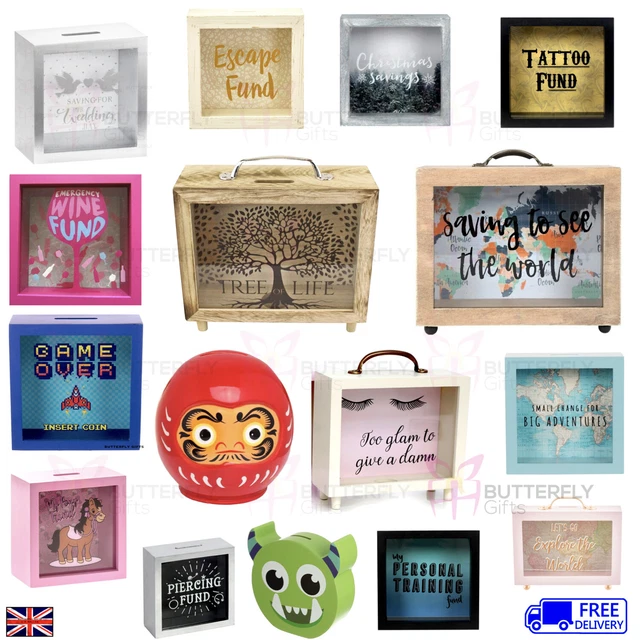 WOODEN MONEY BOX Frame Glass Coins Notes Savings Piggy Bank Ceramic