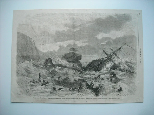 1866 Engraving. Shipwreck Of The Borysthene.  Le Borysthene, Break In The Middle, Flat Island