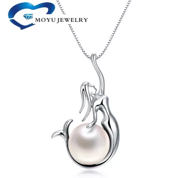 925 Sterling Silver 8mm Freshwater Pearl Mermaid Pendant 18" Chain Necklace Gift