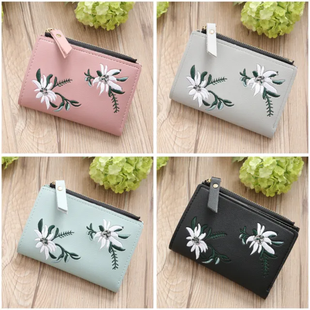 Women's Bifold Wallet Short Pocket Embroidered Floral Card Holder Small Purse US