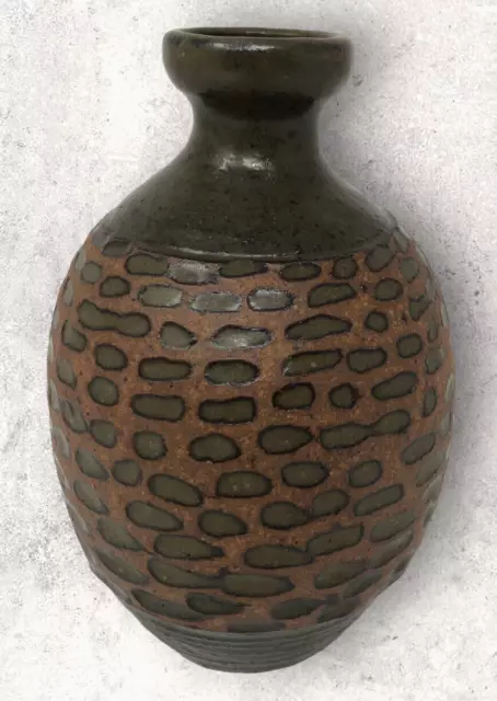 Frank Willett Art Pottery Vase Signed Hand Thrown Olive Green Salt Glaze 6 1/2"