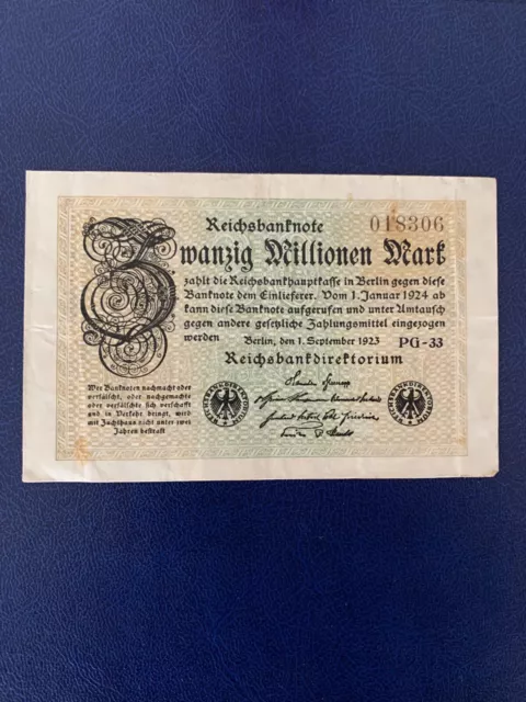 1923 German 20 Million Mark Banknote-Very Good