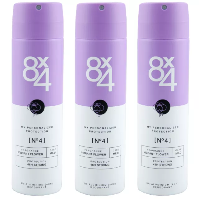 8x4 Desodorante Spray Vibrant Flor N° 4 3x 150ml 48h Protección 0% Aluminio