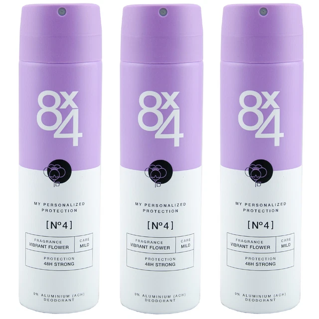 8x4 Desodorante Spray Vibrant Flor N° 4 3x 150ml 48h Protección 0% Aluminio
