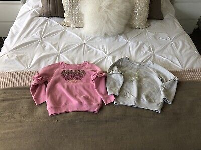Set Of 2 Girls Next Frill Sleeved Sequin Sweatshirts Pink Heart Grey Star 4yrs