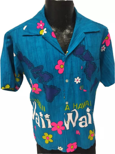 Vtg 60's Sears Hawaii Blue NEON Floral TIKI TOTUM POLE Barkcloth Hawaiian Shirt