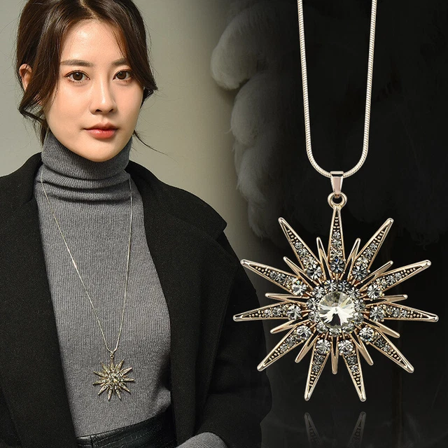 Betsey Johnson Blue Clear Crystal Sunflower Flower Pendant Sweater Necklace