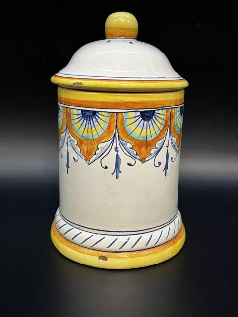 Italienisches Apothekerglas/Albarello Keramik Pfauenmuster, handbemalt,1800–1850