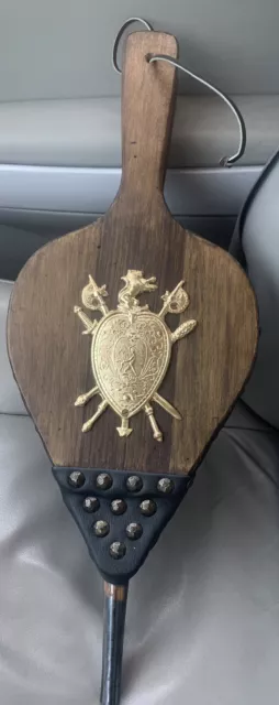 VTG Wood Leather Fireplace Bellows Brass Crest Made in Japan Collectible