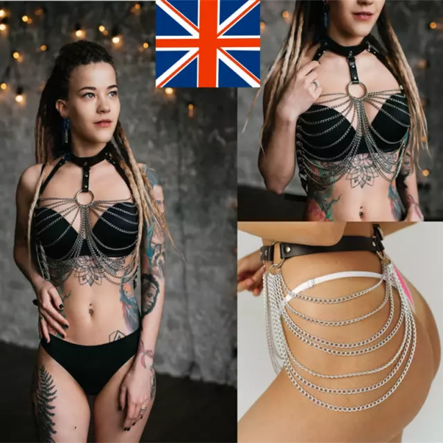 Punk PU Leather Belt Body Harness Metal Chain Gothic Suspender BDSM Strap Braces