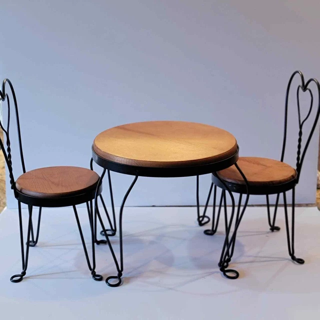 Vintage Wrought Iron & Wood Parlor Bistro Table w/Two Chairs For Bears or Dolls