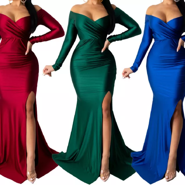 Womens Sexy Off Shoulder Long Sleeves Bodycon Dress Chic Evening Party Ball Gown