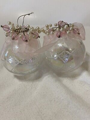 blown glass etched Christmas ornament balls. Iridescent Embellished Beads/pearls