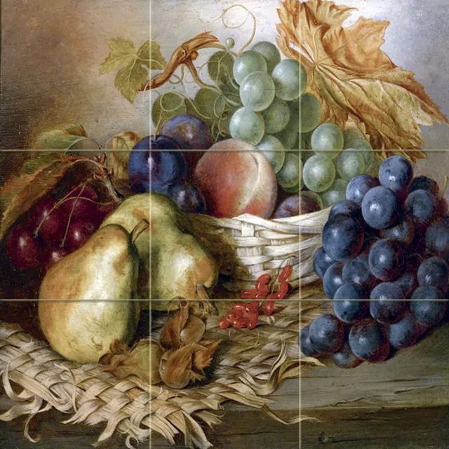 FRUIT pear grapes BASKET E. Ladell Tile Mural Kitchen Backsplash Marble Ceramic