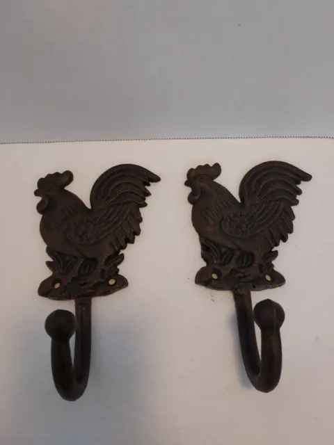 Vintage Pair of Chicken Cast Iron Wall Apron Hooks Country Kitchen Decor