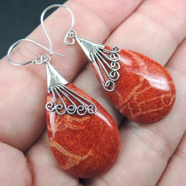 Pendientes de coral rojo natural en forma de lágrima 925 joyería, RCE-143