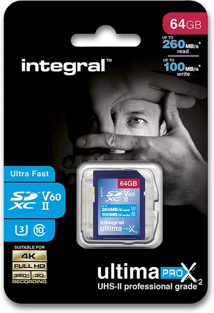 Tarjeta SD UHS-II integral 64 GB V60 hasta 260 MBs velocidad de lectura y 100 MBs de escritura 1733X