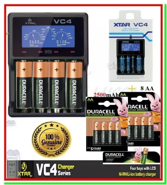 Caricabatterie XTAR VC4 LCD +8 Pile Ricaricabili DURACELL AA Stilo 2500mAh Ni-MH