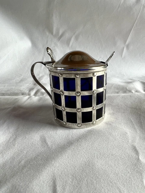 Sterling Silver .925 Jelly/Jam/Mustard Pot Cobalt Blue Sterling Spoon Webster