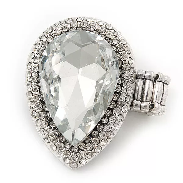 'Drama Queen' Drop-Shaped Crystal Cluster Ring (Silver Tone) - Adjustable size