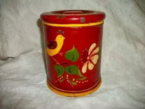 Americana Folk Art Hp Tole Canister Bird Flower Red Metal Vintage Antique