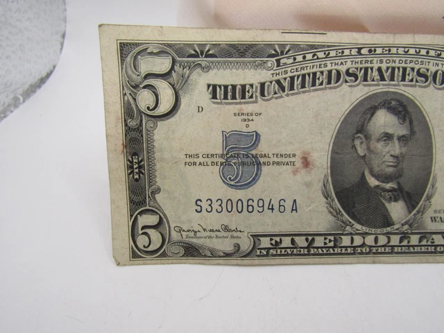 U. S. 5.00 Silver Certificate Note Series 1934 - D  Blue Seal  S33006946A* 2