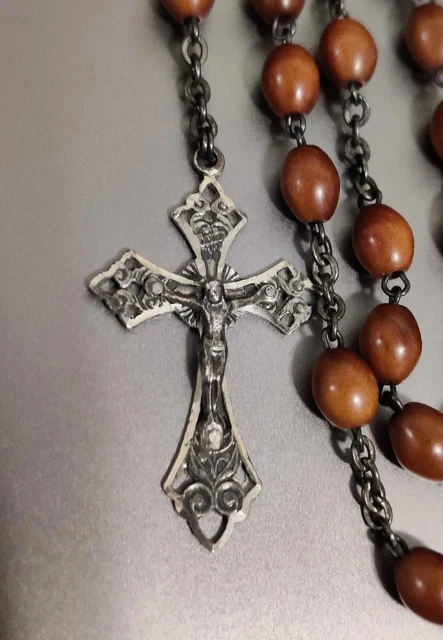 Olive Wood Catholic Rosary Sterling Silver Filigree Crucifix Italy Vintage