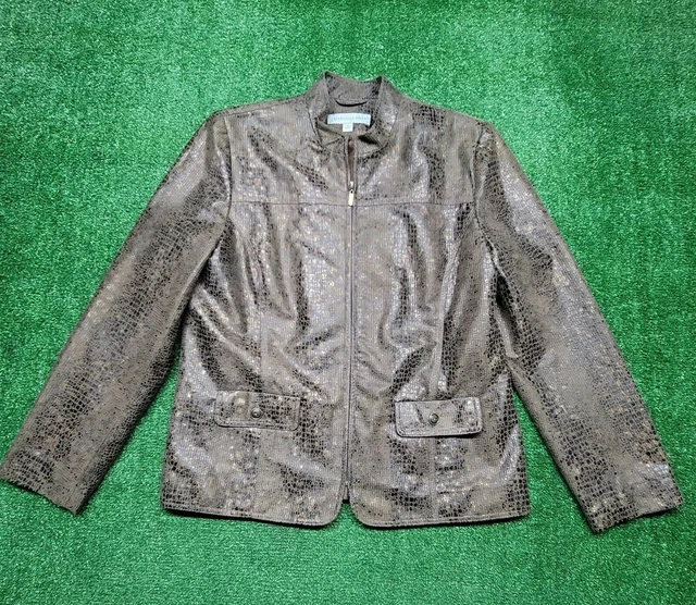 Samantha Grey zippered Brown Faux Leather jacket size 12 lined, Animal print ..