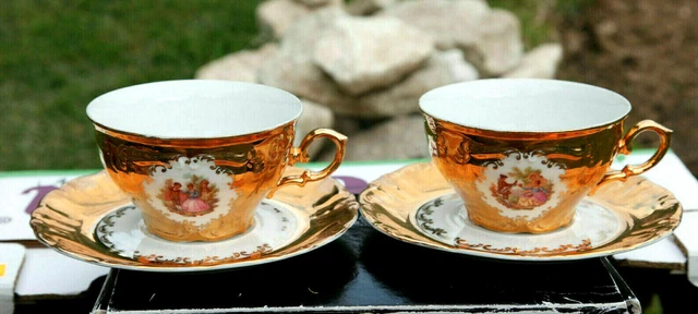 2 belles tasses anciennes or Fragonard porcelaine fine Vintage Gold Cups LES