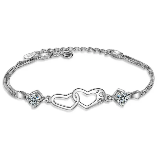Women‘s Silver SP Cubic Zirconia Love Heart to Heart Chain Bracelet
