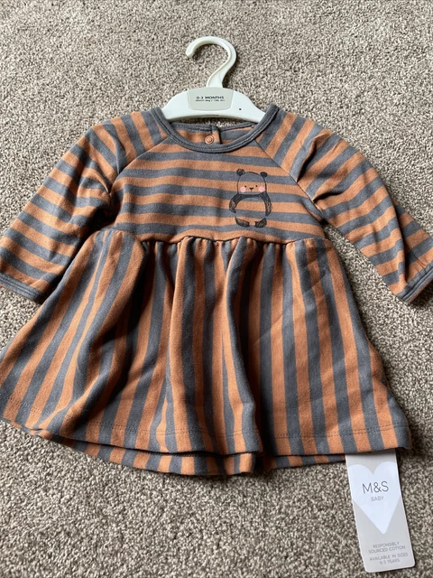 M&S Marks And Spencer Panda Grey Brown Jersey Dress Baby Girl 0-3 Months